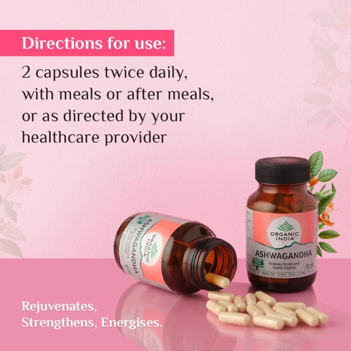 Organic India Ashwagandha Capsules - 60 Veg Caps, Vitality & Relieves Stress, Naturally Boosts Energy & Stamina, Improves Immune System