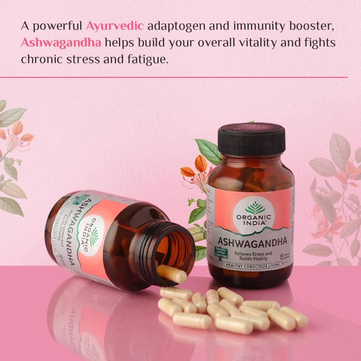 Organic India Ashwagandha Capsules - 60 Veg Caps, Vitality & Relieves Stress, Naturally Boosts Energy & Stamina, Improves Immune System