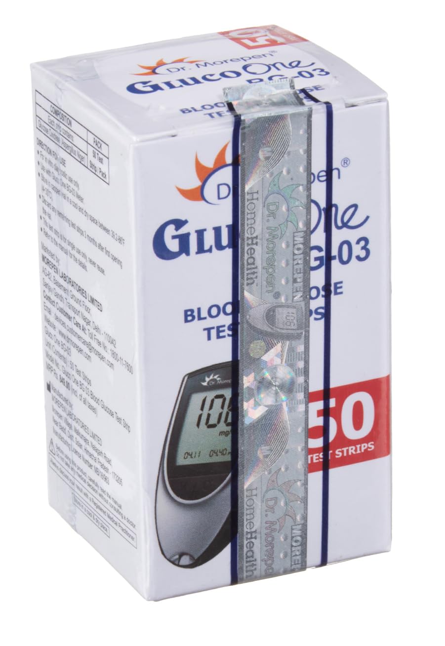 Dr. Morepen BG-03 Blood Glucose Test Strips, 50 Strips (Black/White)(Only Strips, No Glucometer)