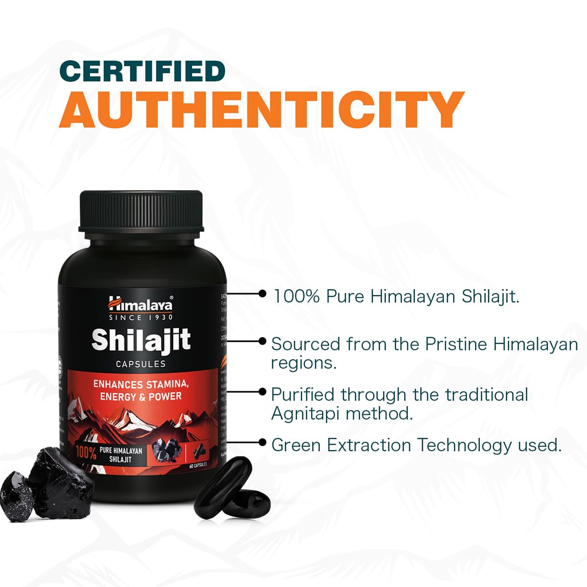 Himalaya Shilajit | 100% Pure Shilajit I 60 Capsules | Enhances Stamina, Energy, and Power | Supports Healthy Testosterone Levels