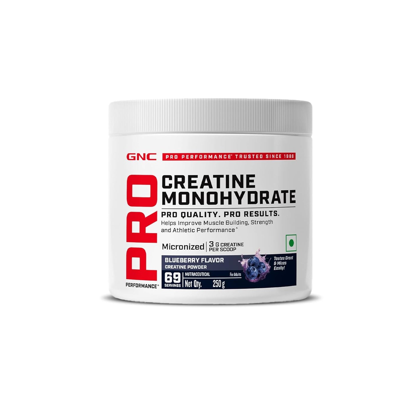 Pro Performance Creatine Monohydrate - 3000mg Creatine Per Scoop | Micronized for Faster Absorption | Boosts Energy, Muscle Volume & Performance | Gluten-Free | Blueberry | 250gm