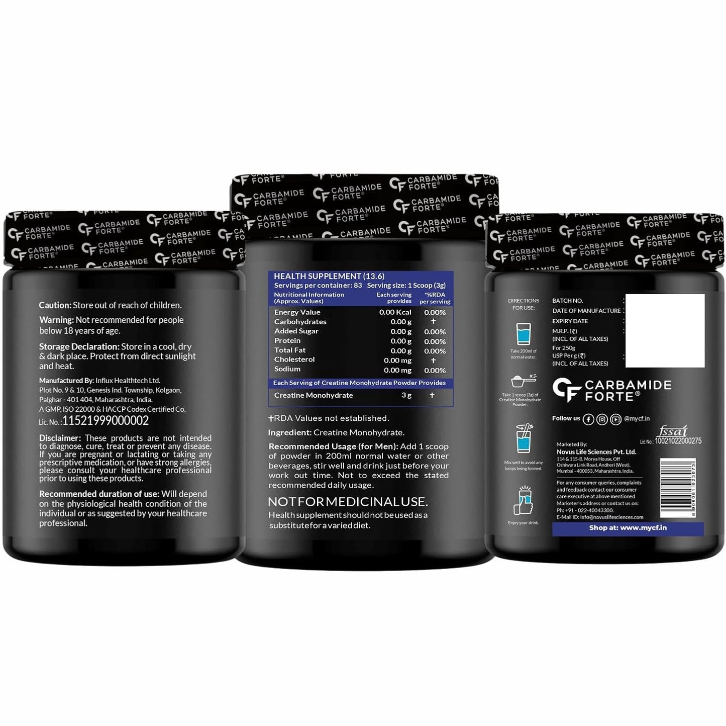 Carbamide Forte Creatine Mono Hydrate Powder | Micronized Monohydrate 250gm | Creatine Supplement for Lean Muscle Volumization, Strength & Energy - Unflavoured Powder - 83 Servings - 250g
