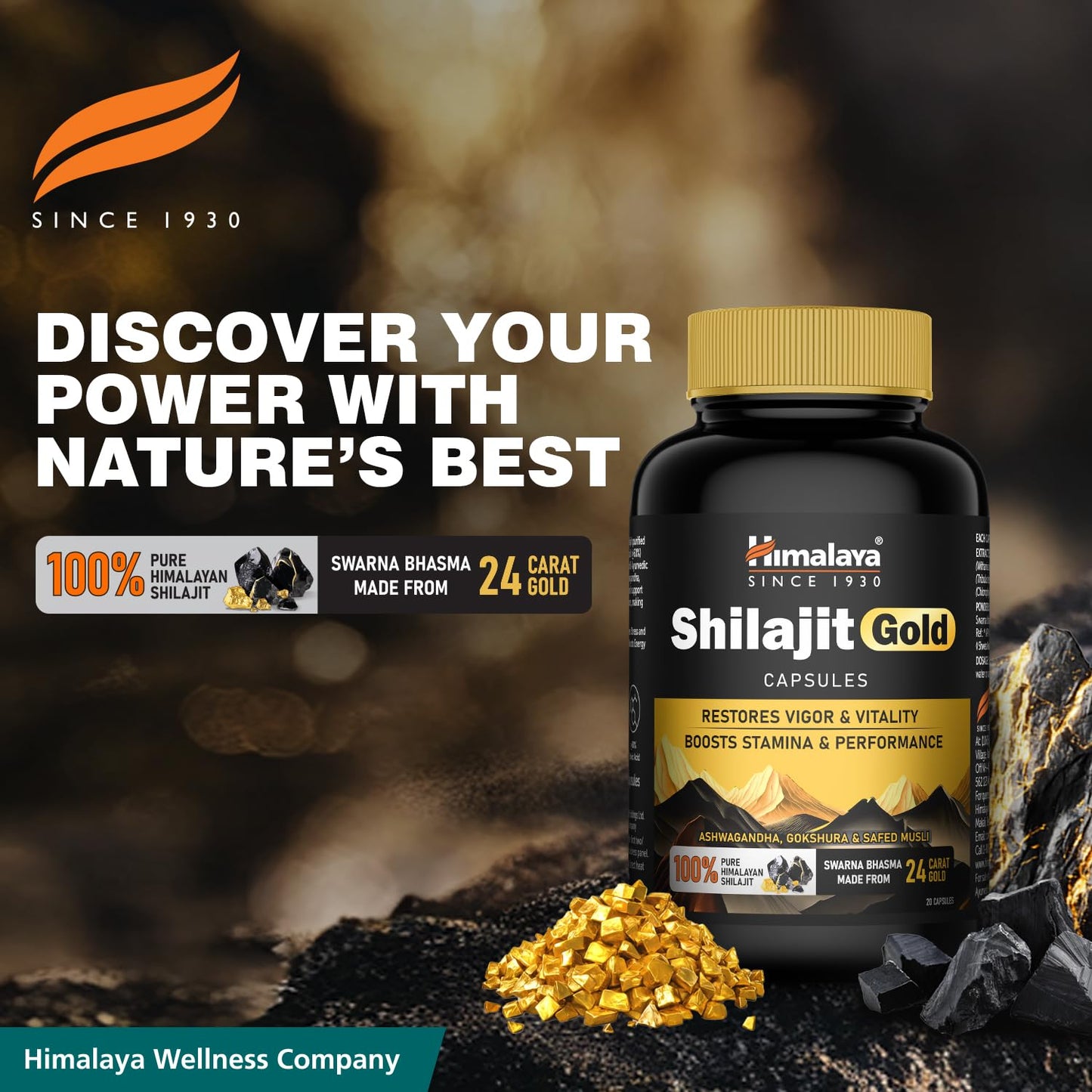 Himalaya Shilajit/Shilajeet Gold Capsules | 100% Pure Himalayan Shilajit + 24 Carat Gold | 20 Capsules | Restores Vigor and Vitality | Boosts Stamina and Performance