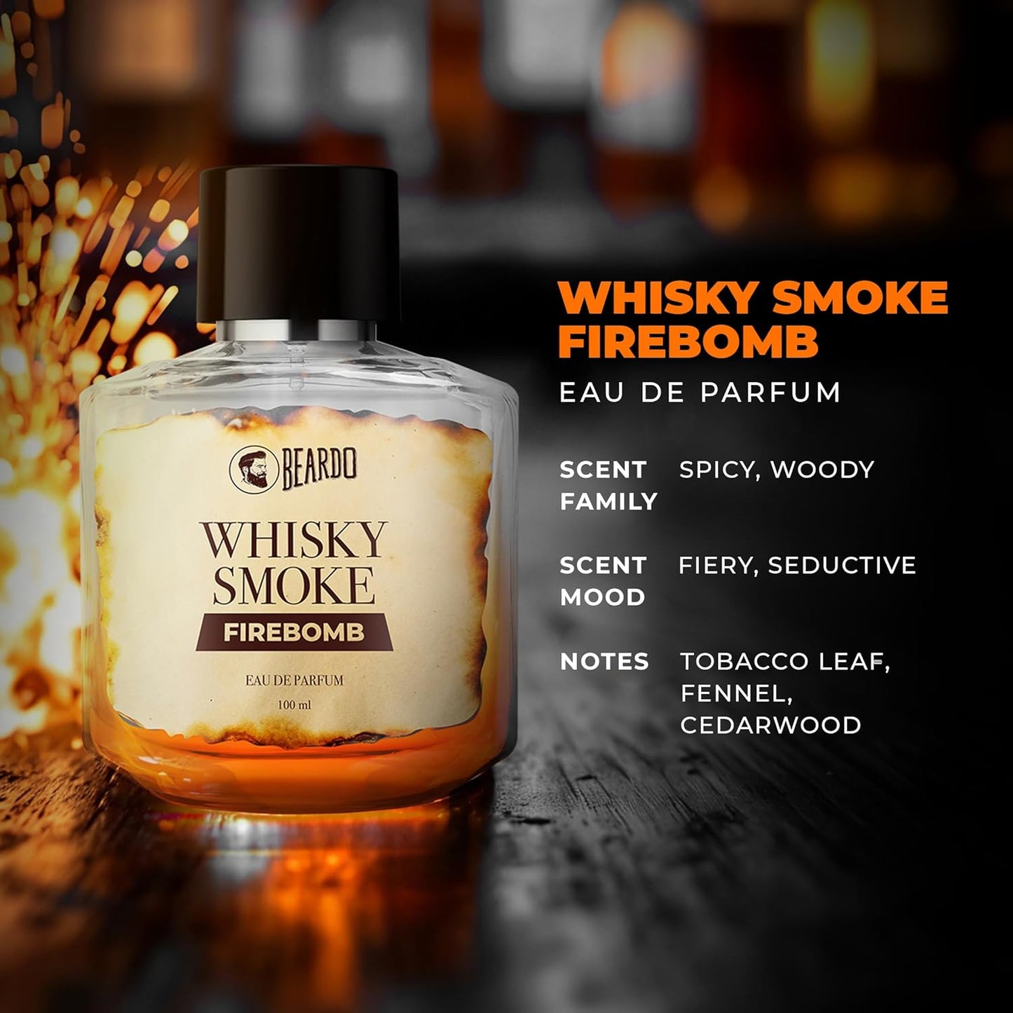 Beardo Whisky Smoke FIREBOMB Perfume for men, 100ml | Spicy, Woody scent | Long Lasting Mens Perfume | Best Date Night Eau de parfum for Men | Gift For Friends | Gift for Men