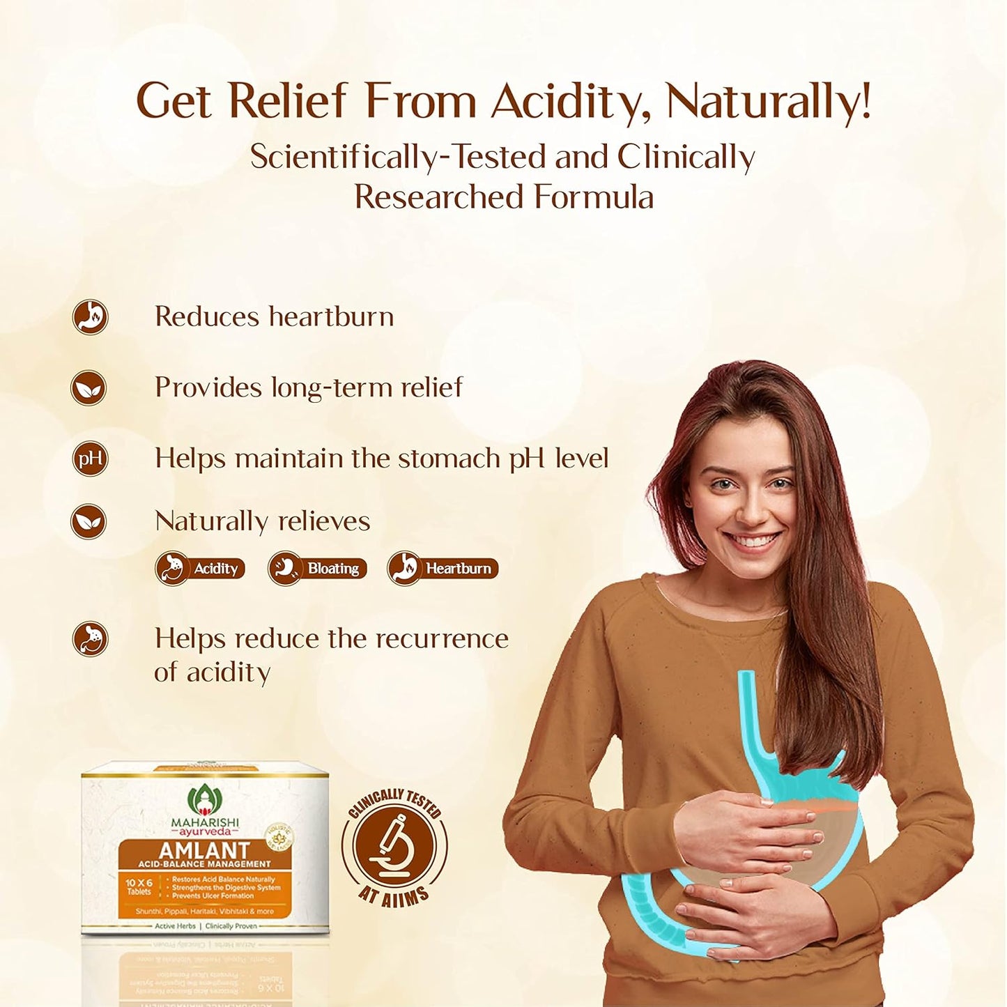 Maharishi Ayurveda Amlant For Acidity Heartburn Gas & Bloating, Strengthens Digestive System Helps in reducing Acidity Recurrence Quick Relief from Acidity Clinically Proven Enriched with Haritaki and other 14 other potent Herbs 60 Tablets