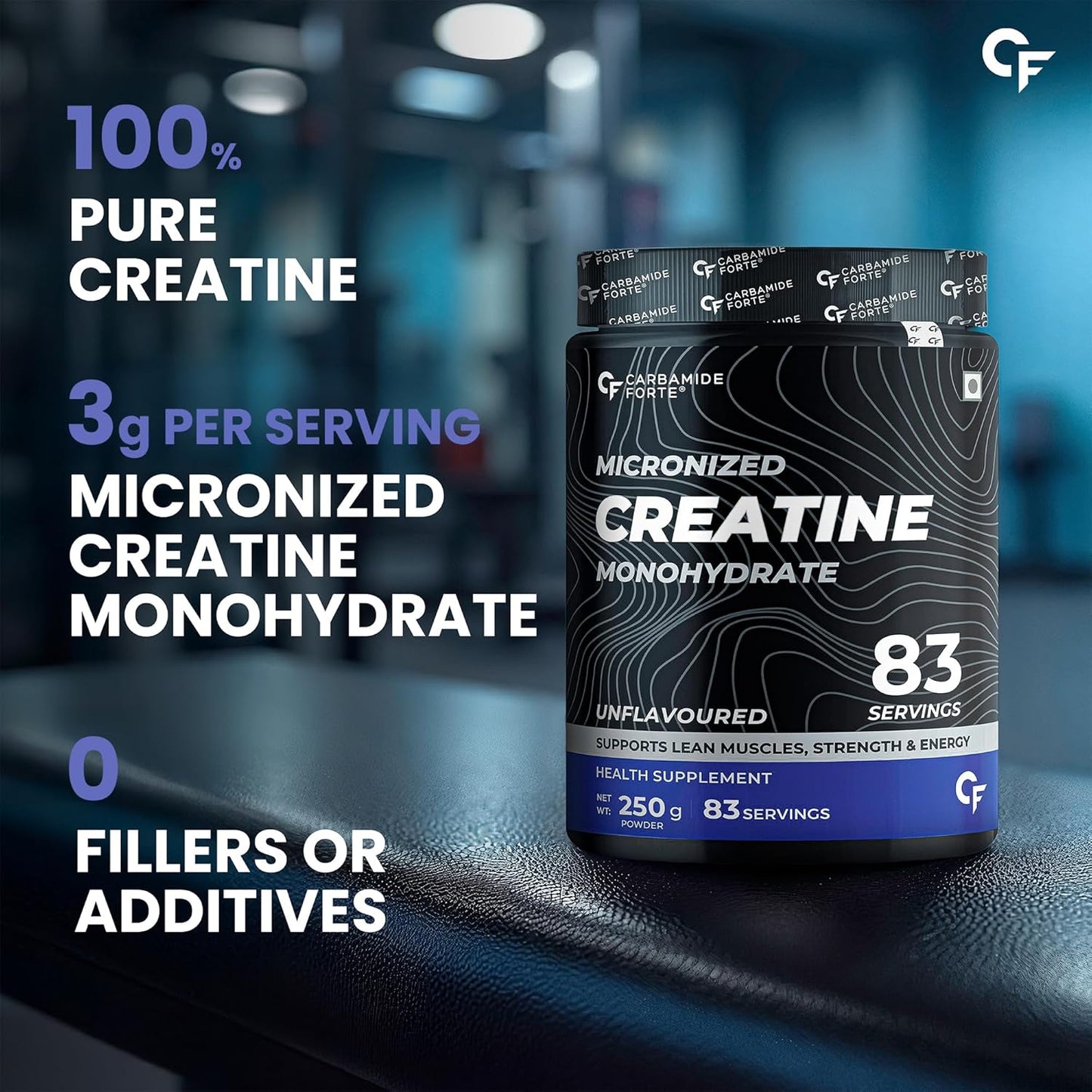 Carbamide Forte Creatine Mono Hydrate Powder | Micronized Monohydrate 250gm | Creatine Supplement for Lean Muscle Volumization, Strength & Energy - Unflavoured Powder - 83 Servings - 250g