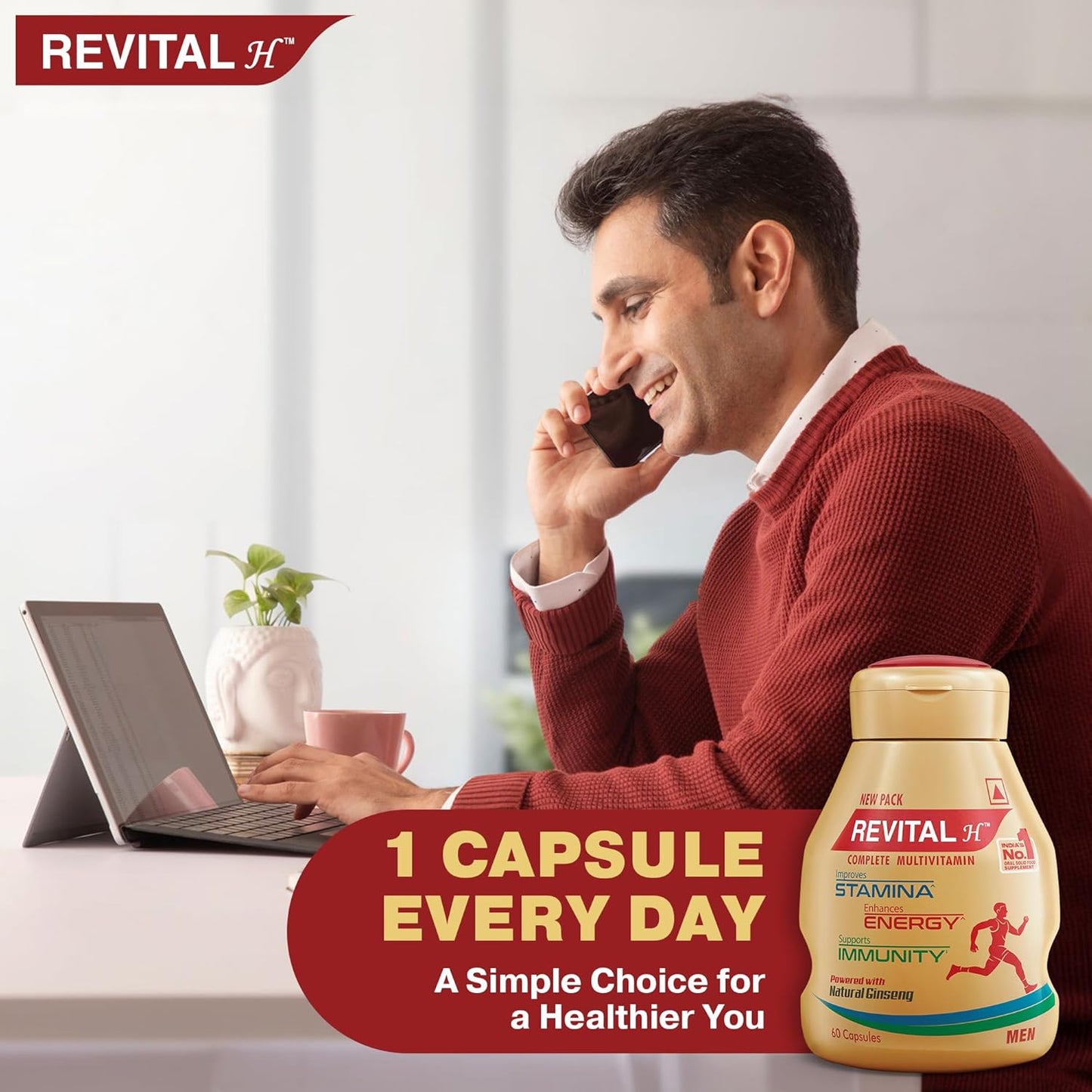 Revital H Multivitamin For Men (60 Capsules) With Natural Ginseng, Zinc, 10 Vitamins & 8 Minerals For Daily Energy, Stamina & Immunity