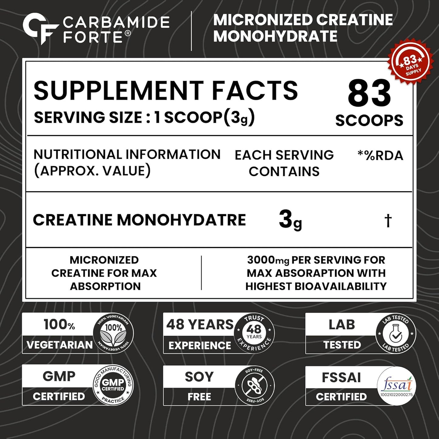 Carbamide Forte Creatine Mono Hydrate Powder | Micronized Monohydrate 250gm | Creatine Supplement for Lean Muscle Volumization, Strength & Energy - Unflavoured Powder - 83 Servings - 250g