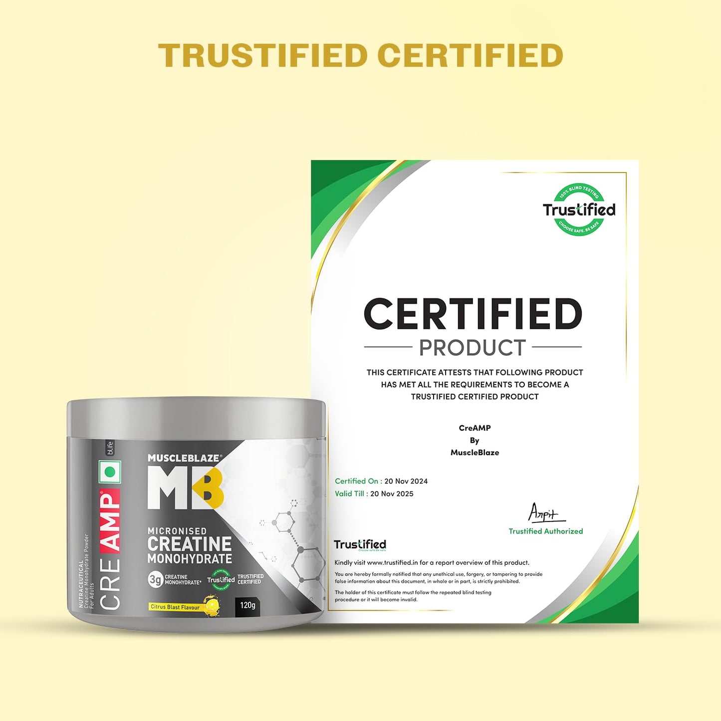MuscleBlaze Micronised Creatine Monohydrate CreAMP Powder, Citrus Blast (30 Servings, 120g) | Trustified Certified Creatine