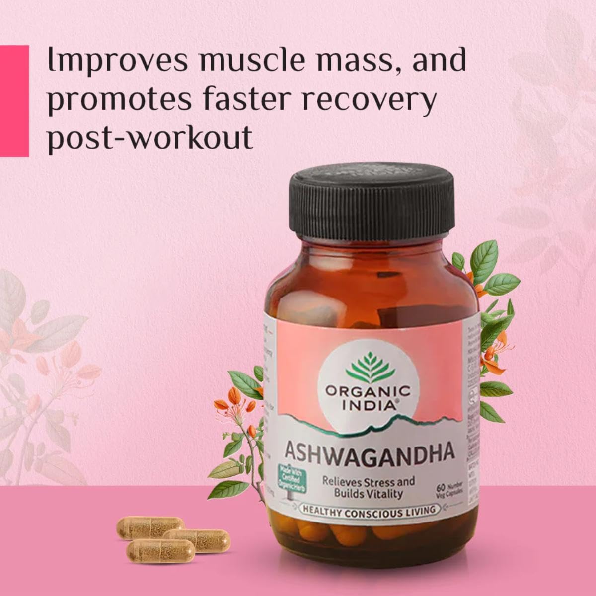 Organic India Ashwagandha Capsules - 60 Veg Caps, Vitality & Relieves Stress, Naturally Boosts Energy & Stamina, Improves Immune System