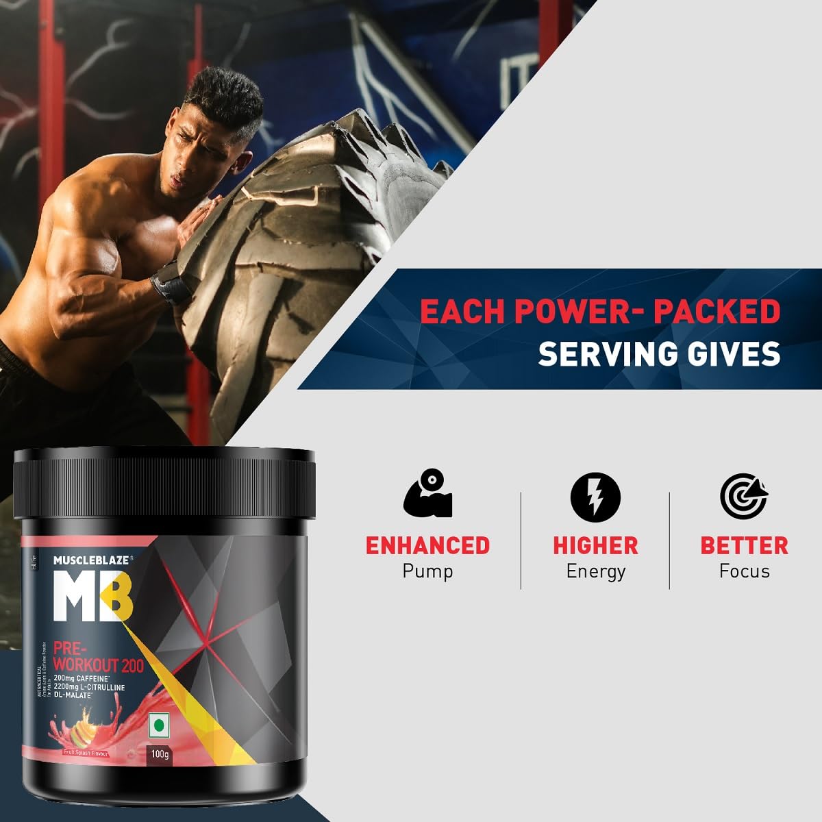 Pre Workout 200 (Fruit Splash, 16 servings, 100g) | 200mg Caffeine, 2200mg Citrulline
