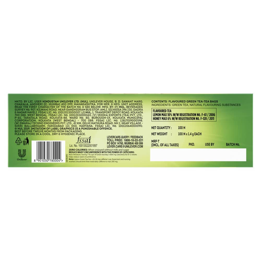 Honey Lemon Green Tea Bags 100 pcs, All Natural Flavour, Zero Calories