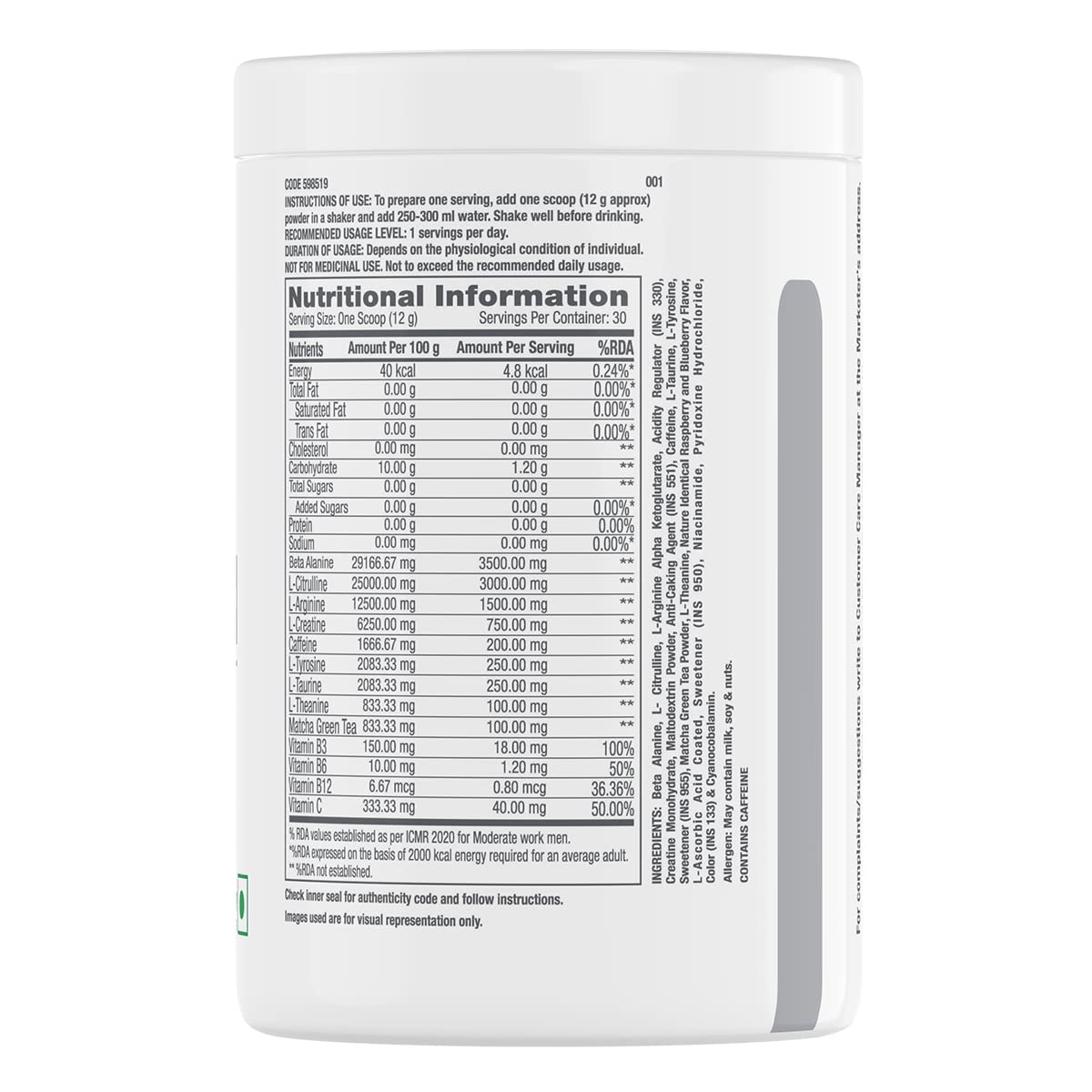 Pro Performance Pre-Workout | 360 gm | 30 Servings | Boosts Energy & Endurance | Improves Focus