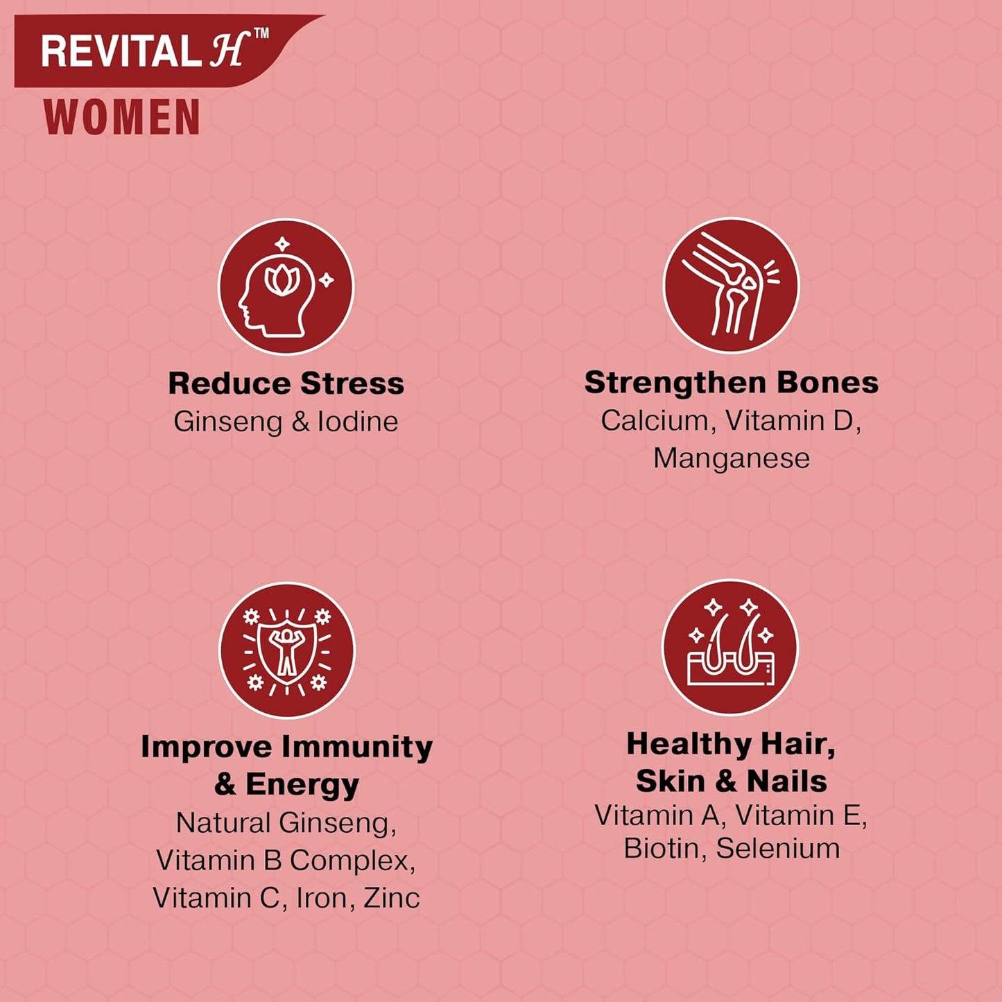 Revital H For Woman With Multivitamins, Calcium, Zinc & Natural Ginseng For Daily Immunity Strong Bones, And Enhances Energy Level - 60 Tablets, 5 Grams