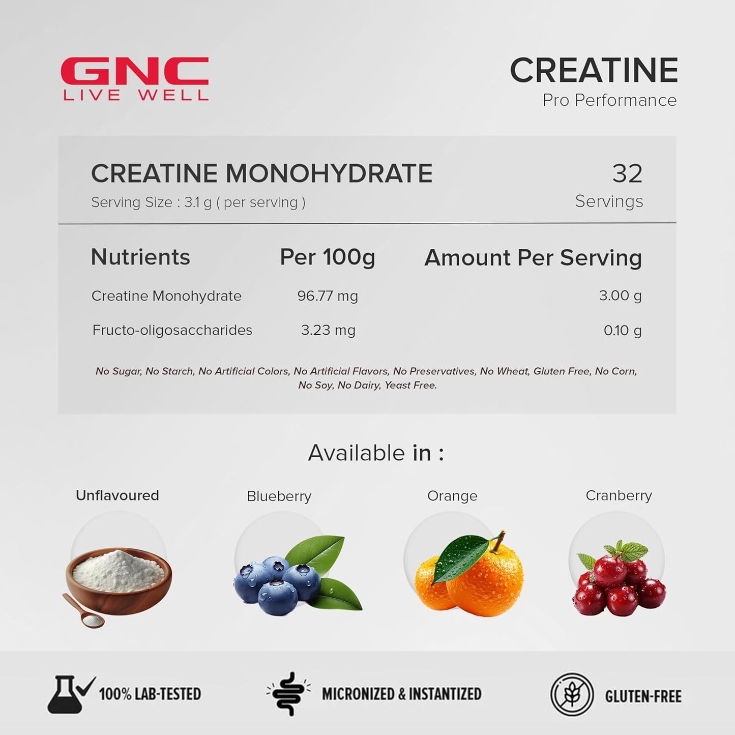 GNC Pro Performance Creatine Monohydrate - 3000mg Creatine Per Scoop | Micronized for Faster Absorption | Boosts Energy, Muscle Volume & Performance | Gluten-Free | Unflavored | 100gm