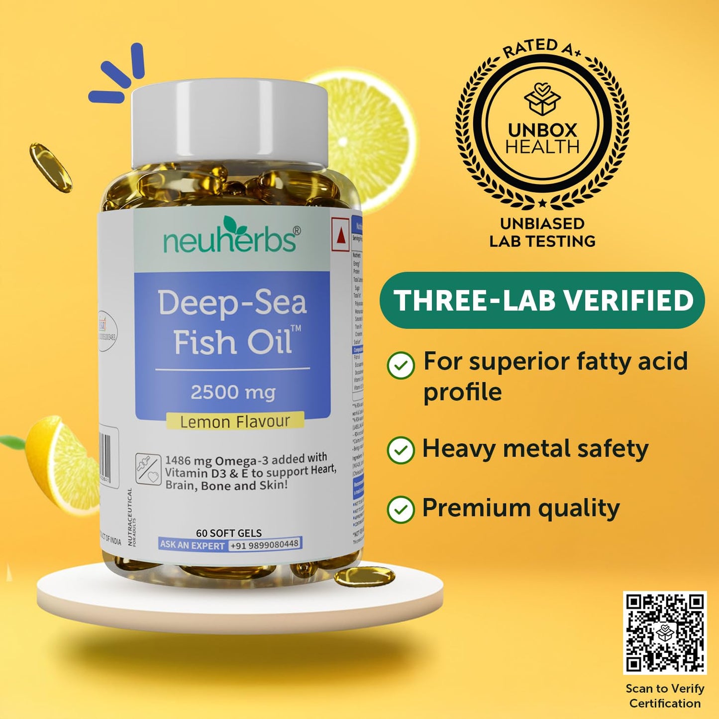 Neuherbs Deep Sea Omega 3 Fish Oil - Omega 3 Supplement Triple Strength 2500 Mg (Essential Fatty Acid Combination of 1486 mg 892 mg EPA 594 mg DHA/serving), Lemon Flavour- 60 Softgel for Men & women