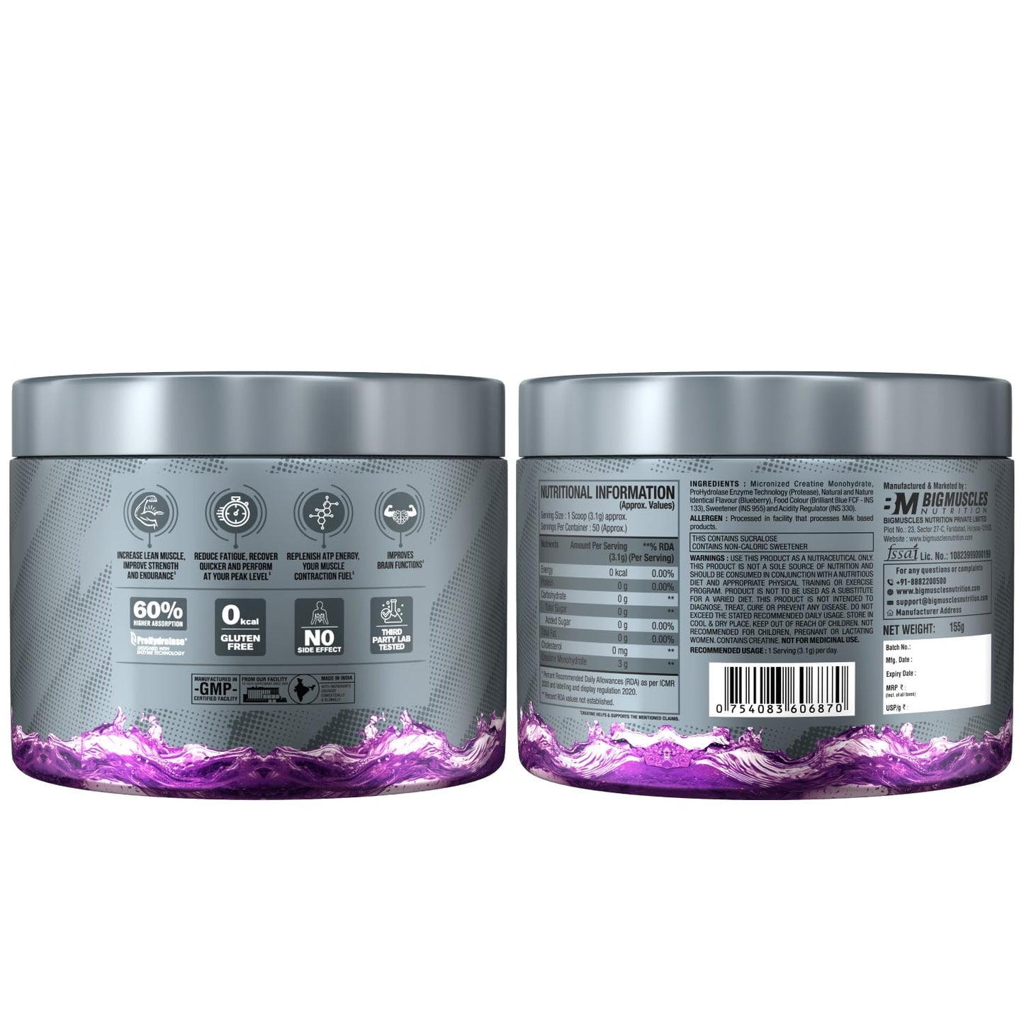 Creatine [155g, 50 Servings]| Blueberry | Micronized Creatine Monohydrate