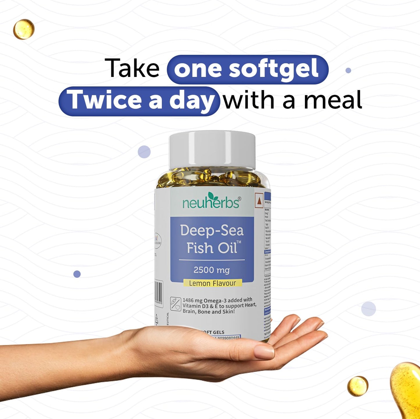 Neuherbs Deep Sea Omega 3 Fish Oil - Omega 3 Supplement Triple Strength 2500 Mg (Essential Fatty Acid Combination of 1486 mg 892 mg EPA 594 mg DHA/serving), Lemon Flavour- 60 Softgel for Men & women