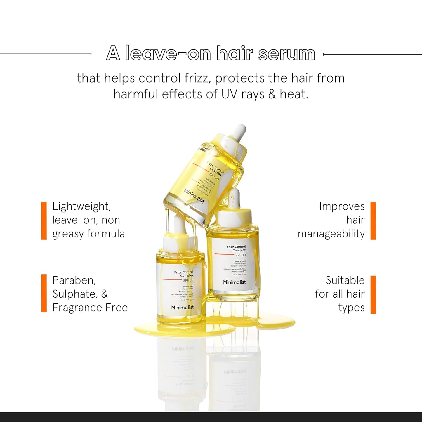 Minimalist Anti-Frizz Hair Serum SPF 30 With Keratin, Argan Oil & Ceramides for Dry Hair | Heat Protection Serum, Smoothens & Protects From UV | Lightweight | Leave In For Women & Men | 50 ml