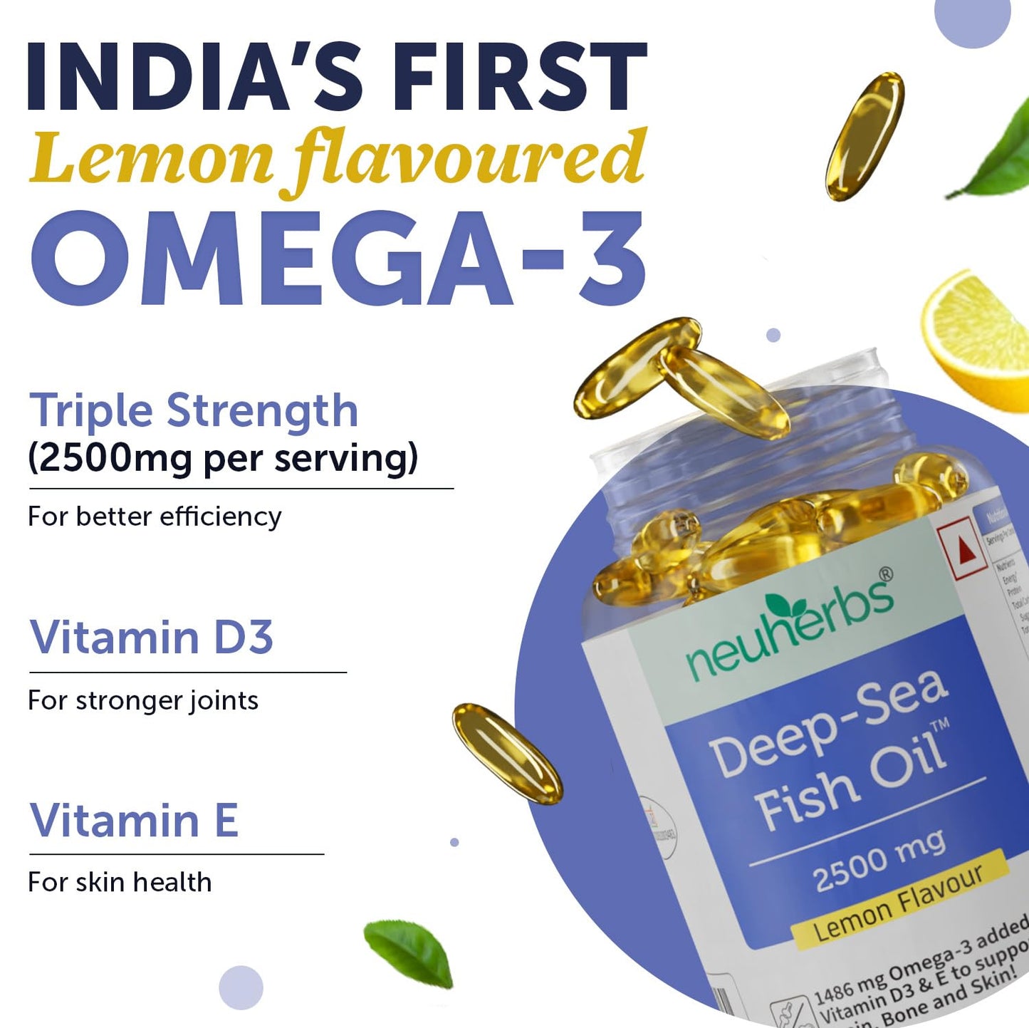 Neuherbs Deep Sea Omega 3 Fish Oil - Omega 3 Supplement Triple Strength 2500 Mg (Essential Fatty Acid Combination of 1486 mg 892 mg EPA 594 mg DHA/serving), Lemon Flavour- 60 Softgel for Men & women