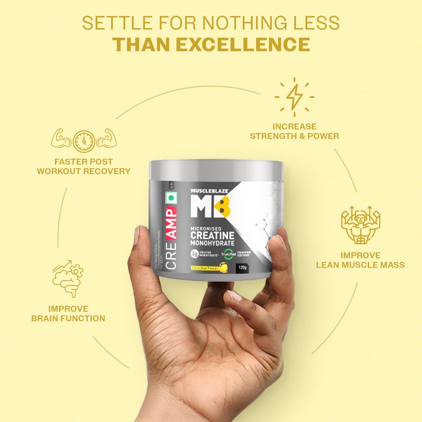 MuscleBlaze Micronised Creatine Monohydrate CreAMP Powder, Citrus Blast (30 Servings, 120g) | Trustified Certified Creatine