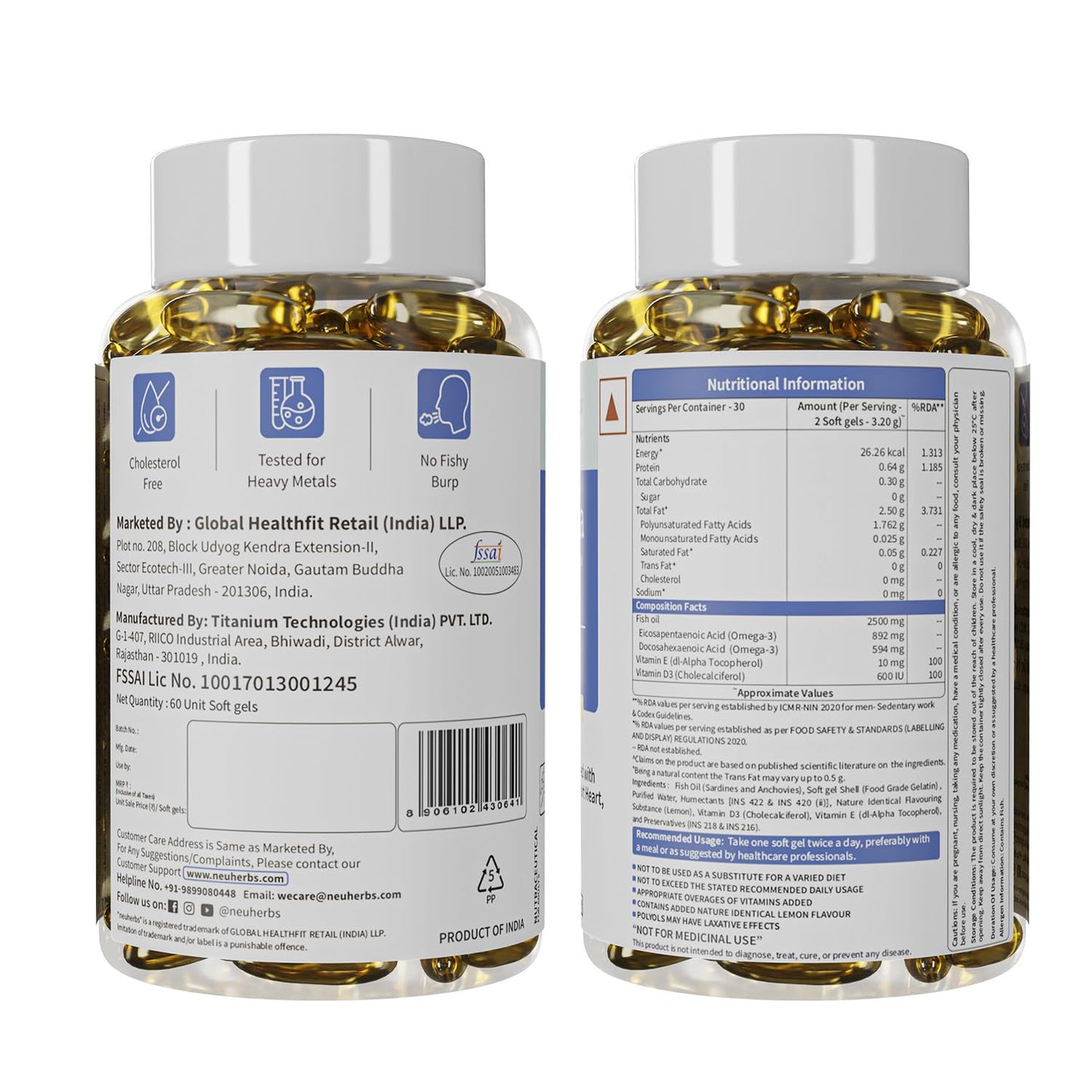 Neuherbs Deep Sea Omega 3 Fish Oil - Omega 3 Supplement Triple Strength 2500 Mg (Essential Fatty Acid Combination of 1486 mg 892 mg EPA 594 mg DHA/serving), Lemon Flavour- 60 Softgel for Men & women