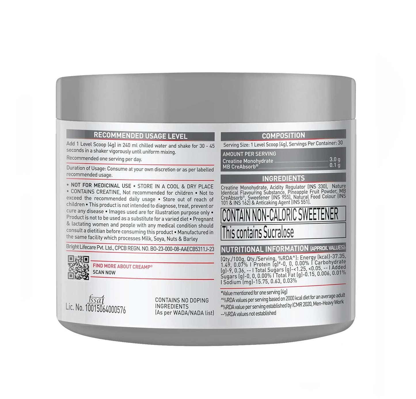 MuscleBlaze Micronised Creatine Monohydrate CreAMP Powder, Citrus Blast (30 Servings, 120g) | Trustified Certified Creatine