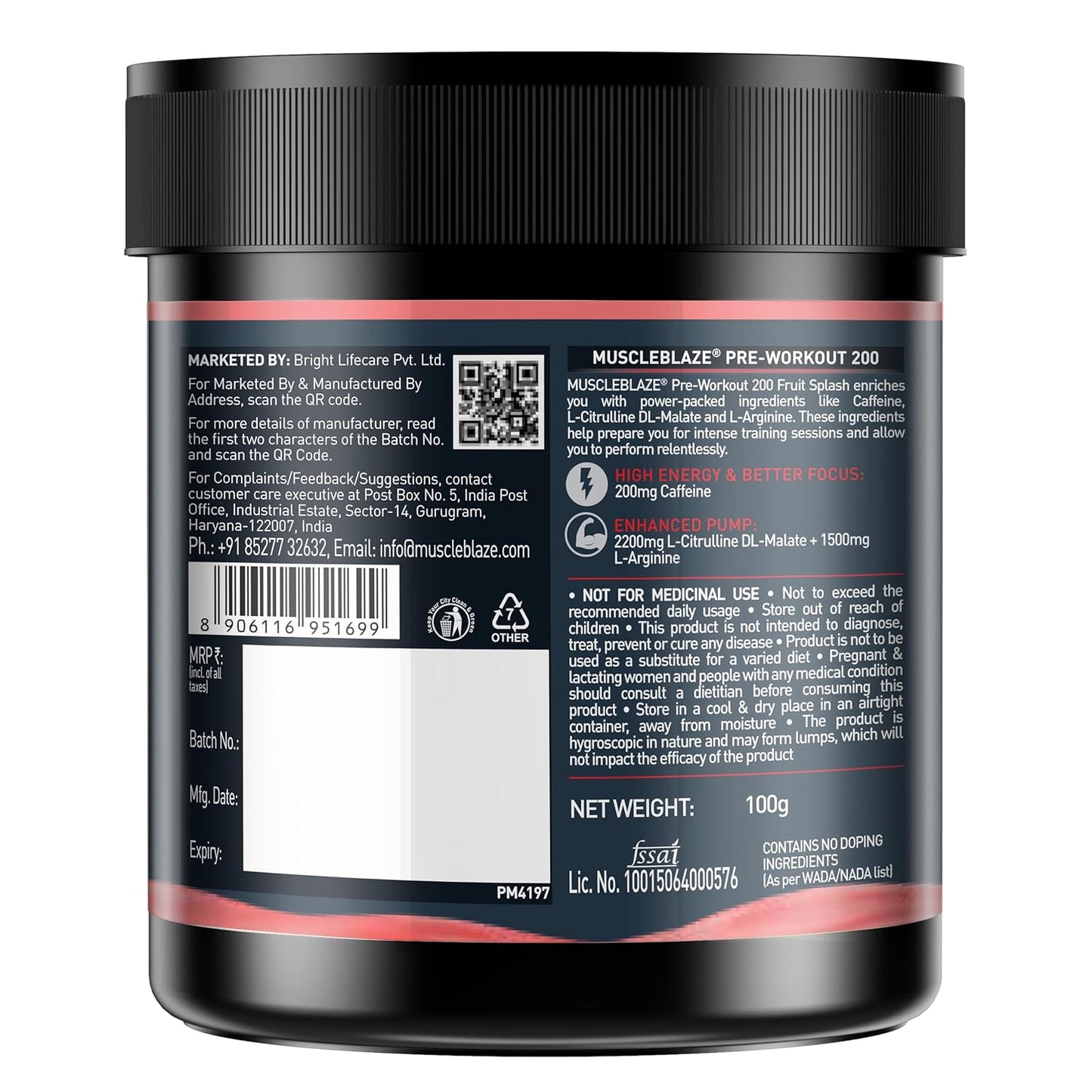 Pre Workout 200 (Fruit Splash, 16 servings, 100g) | 200mg Caffeine, 2200mg Citrulline