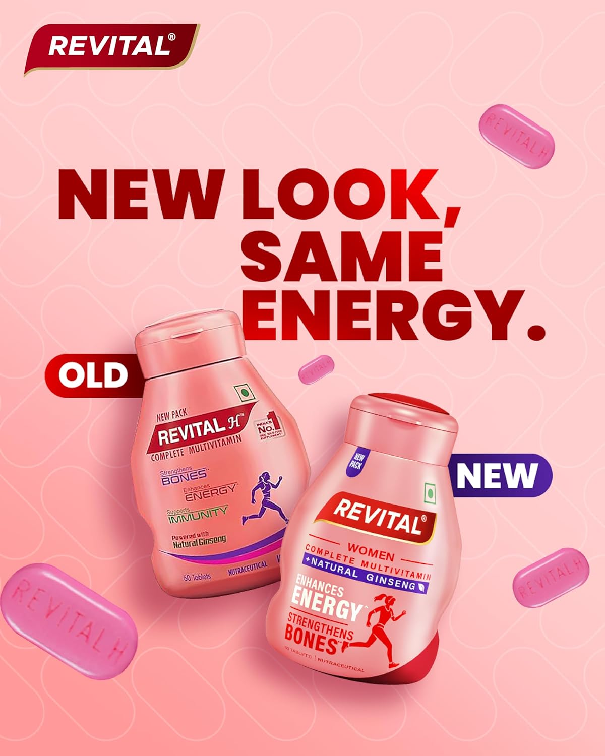 Revital H For Woman With Multivitamins, Calcium, Zinc & Natural Ginseng For Daily Immunity Strong Bones, And Enhances Energy Level - 60 Tablets, 5 Grams